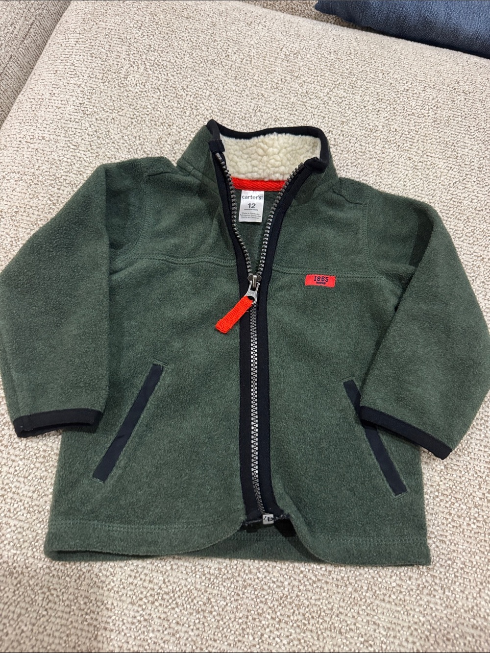 Carter's Dark Green Sherpa-Lined Puffer Jacket with Red Accents
